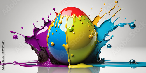 Colorful Easter eggs with lively paint splashes, perfect for festive holiday backgrounds.