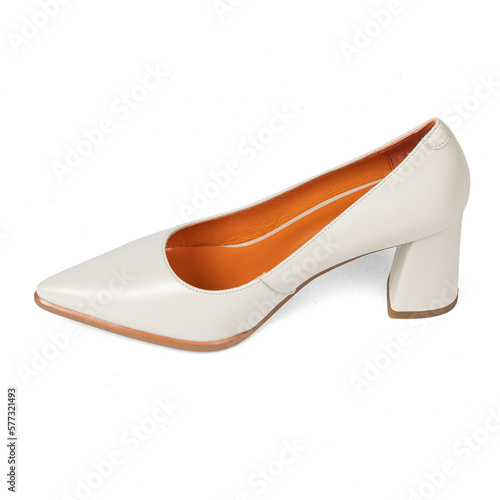 Beige comfortable office women's shoes with black sole with thick heels and a sharp nose on a white background