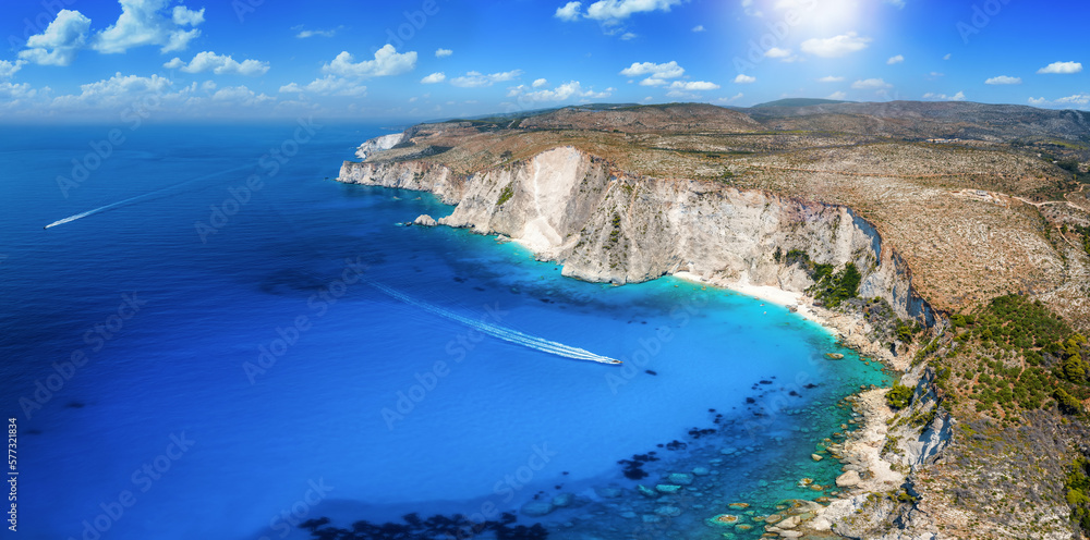 Panoramic aerial view of the remote Pisines beach at the west coast of Zakynthos island, Greece