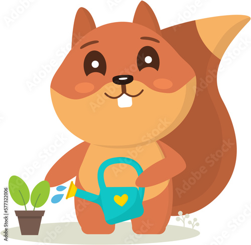 Squirrel with a watering can and a flowerpot. Vector illustration on the topic of botany