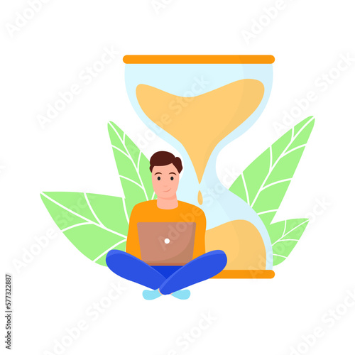 Young man sitting with laptop and hourglass. Freelance, online studying, work from home concept. Vector illustration in flat style.