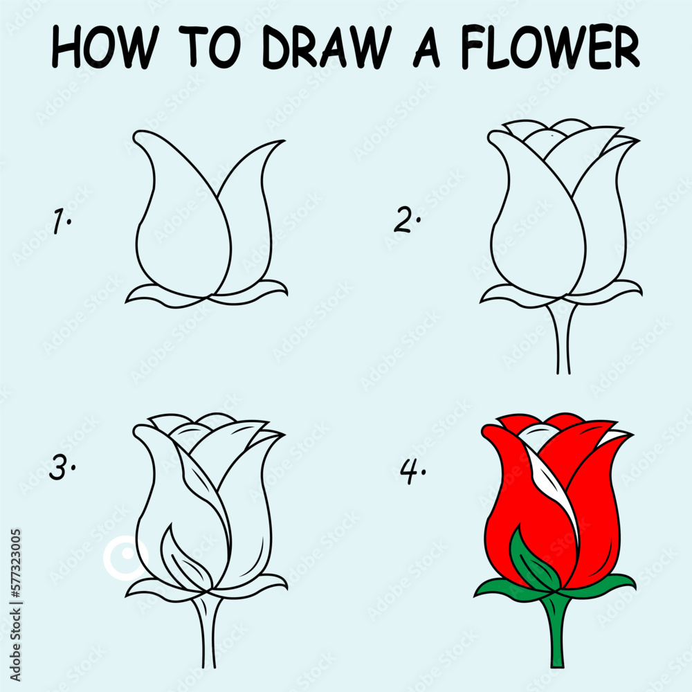 Step by step to draw a Flower. Drawing tutorial a Flower. Drawing lesson for children. Vector