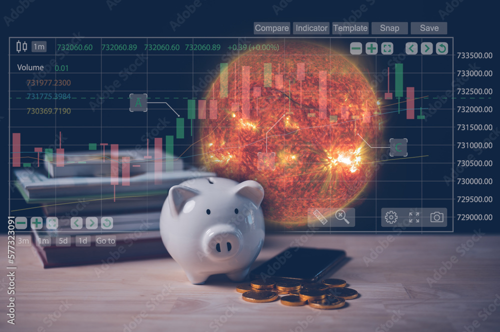 saving and investing strategy in economy crysis comcept, piggy bank and virtual graph, elements of this image furnished by nasa. - obrazy, fototapety, plakaty 