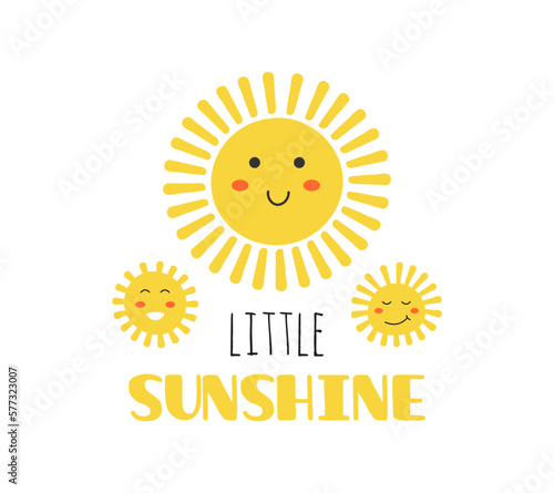 Little sunshine quote, t-shirt print template. Hand drawn lettering phrase. Sun kawaii character.