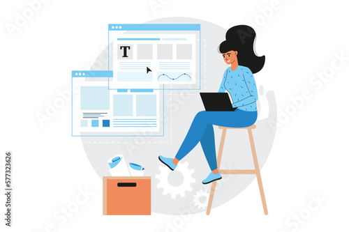 Design studio blue concept with people scene in the flat cartoon style. Designer works on the realization of her ideas. Vector illustration.