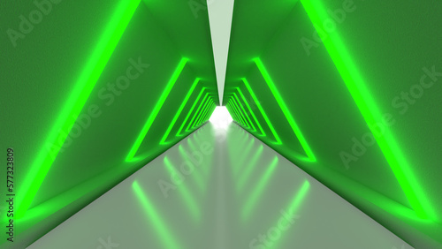 緑の光に照らされた通路の3Dイラストレーション
