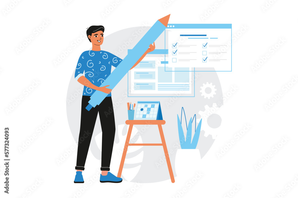 Planning blue concept with people scene in the flat cartoon style. Man makes a list of his plans in the form of a table. Vector illustration. Planning blue concept with people scene in the flat cartoon style. Man makes a list of his plans in the form of a table. Vector illustration.