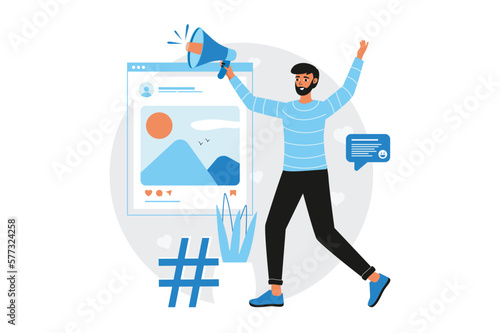 Social marketing blue concept with people scene in the flat cartoon style. Marketers work for the needs of society and advertise them in social networks. Vector illustration.