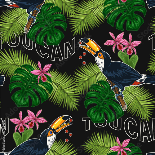 Pattern with toucan bird, tropical foliage, orchid, text. Bird sitting on tree branch and eating seeds. Illustration on black background in vintage style for prints, clothing, hawaiian t shirt design