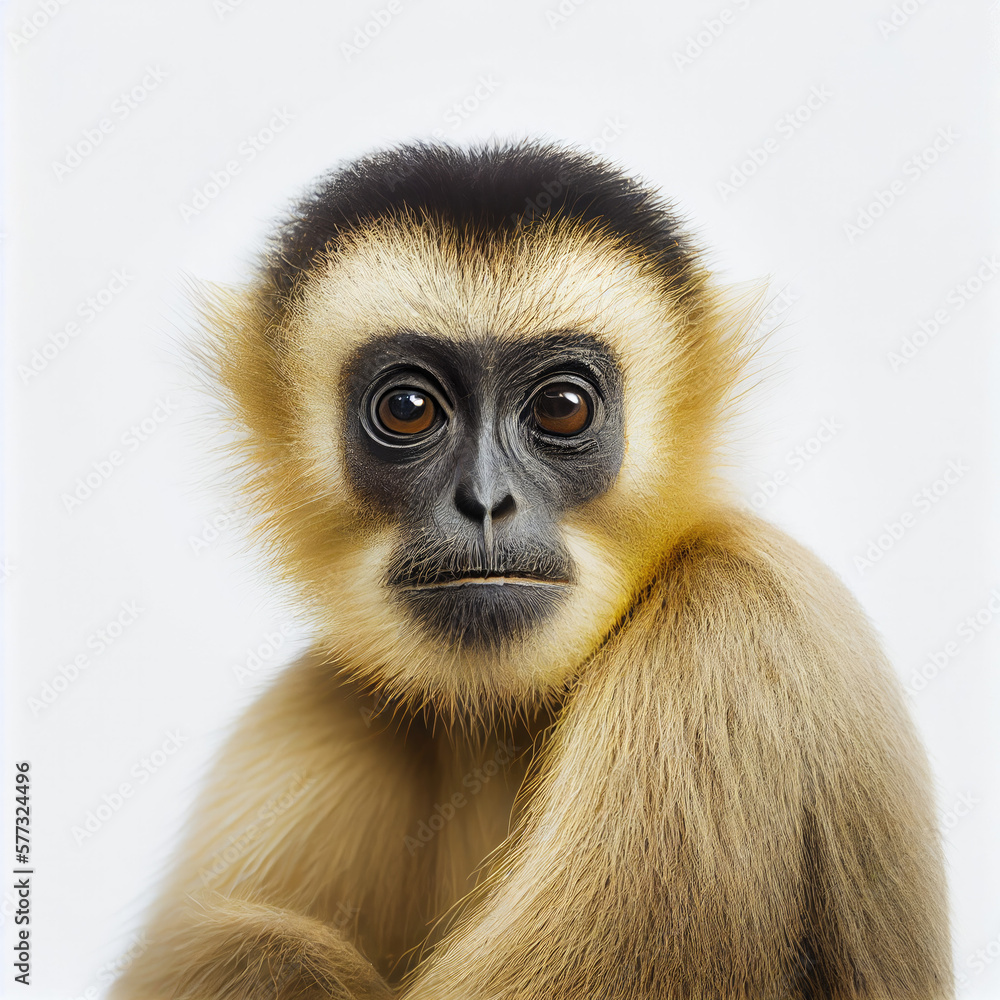 Fototapeta premium Adult Yellow Cheeked Gibbon portrait isolated on a white background. Generative AI. 