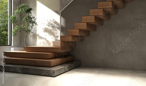 Fényképezés Modern, elegant L shape wood cantilever stair with black granite base staircase,