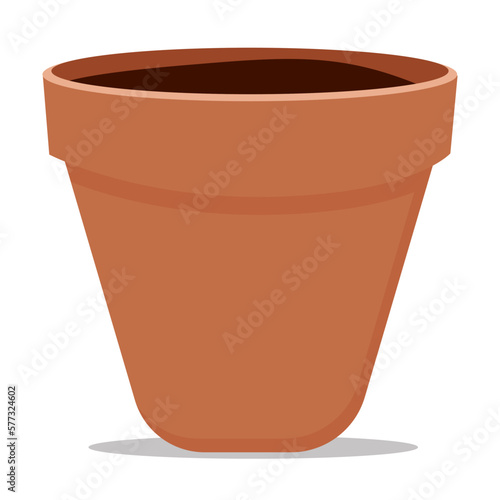 An empty flower pot on a white background. Brown clay flower pot in cartoon style. Vector.