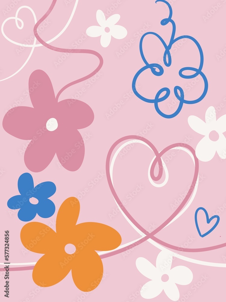 Flowers cute colored illustration, pink background