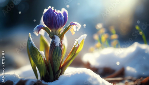 Beautiful Netted iris Emerging from Snow at the edge of a forest on a bright Spring sunny day. Call For spring- Spring its here Generative AI
