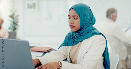 Photography Muslim, business woman and typing on computer in office, startup company and digital management, internet planning and strategy review