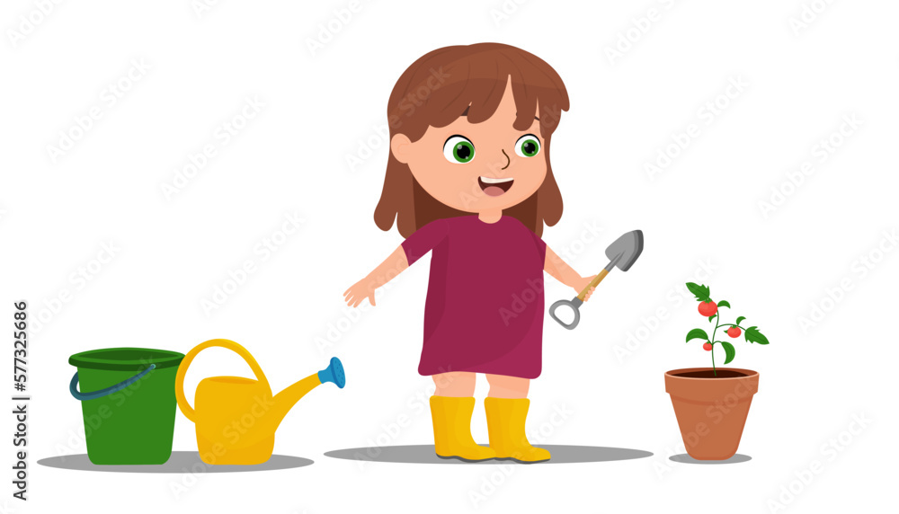 a cute little girl takes care of tomatoes. farmer, gardener. Cute girl, tomato in a pot, watering can, bucket, spatula. vector a cute little girl takes care of tomatoes. farmer, gardener. Cute girl, tomato in a pot, watering can, bucket, spatula. vector