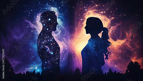 Man and woman silhouettes at abstract cosmic background. Human souls couple in love. Astral body, esoteric and spiritual life concept