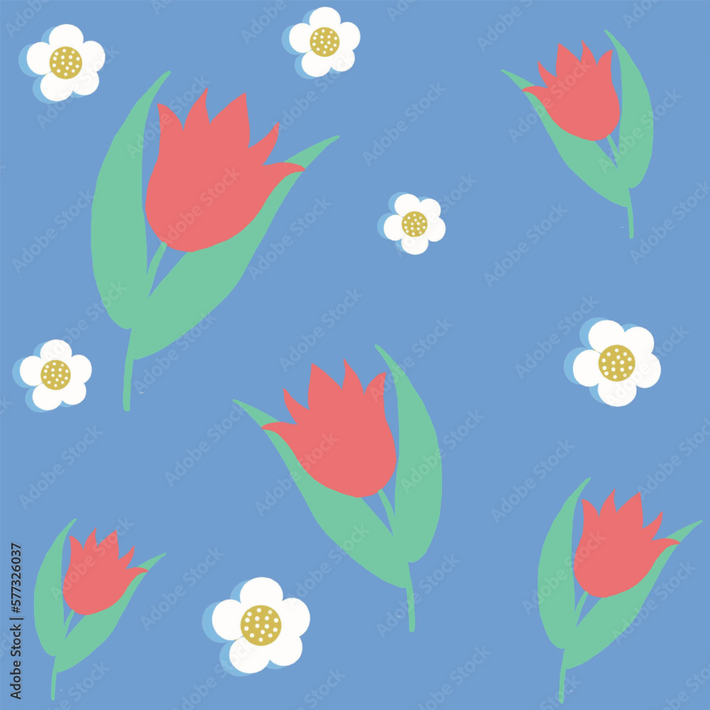 seamless pattern with feathers spring greeting card,spring tulips,spring flowers,daisies,tulips,red,green