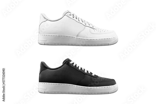 Black and white leather sneaker shoe mockup. low mid and high sneakers with white laces for everyday use. Mockup isolated on white background.3d rendering.sort wear concept.