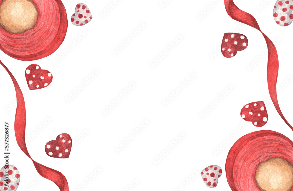 Satin ribbon roll red color and chocolate heart. Watercolor illustration. Satin ribbon roll red color and chocolate heart. Watercolor illustration.