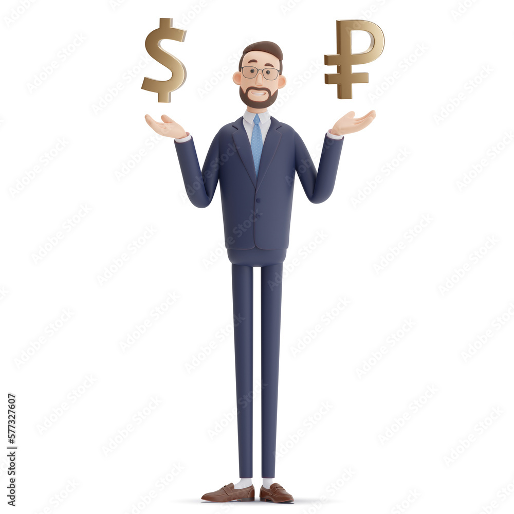 3d gold sign dollar and ruble and Handsome cartoon character businessman Alex on white background. Choice, selection, usd or rub. 3D illustration 3d gold sign dollar and ruble and Handsome cartoon character businessman Alex on white background. Choice, selection, usd or rub. 3D illustration