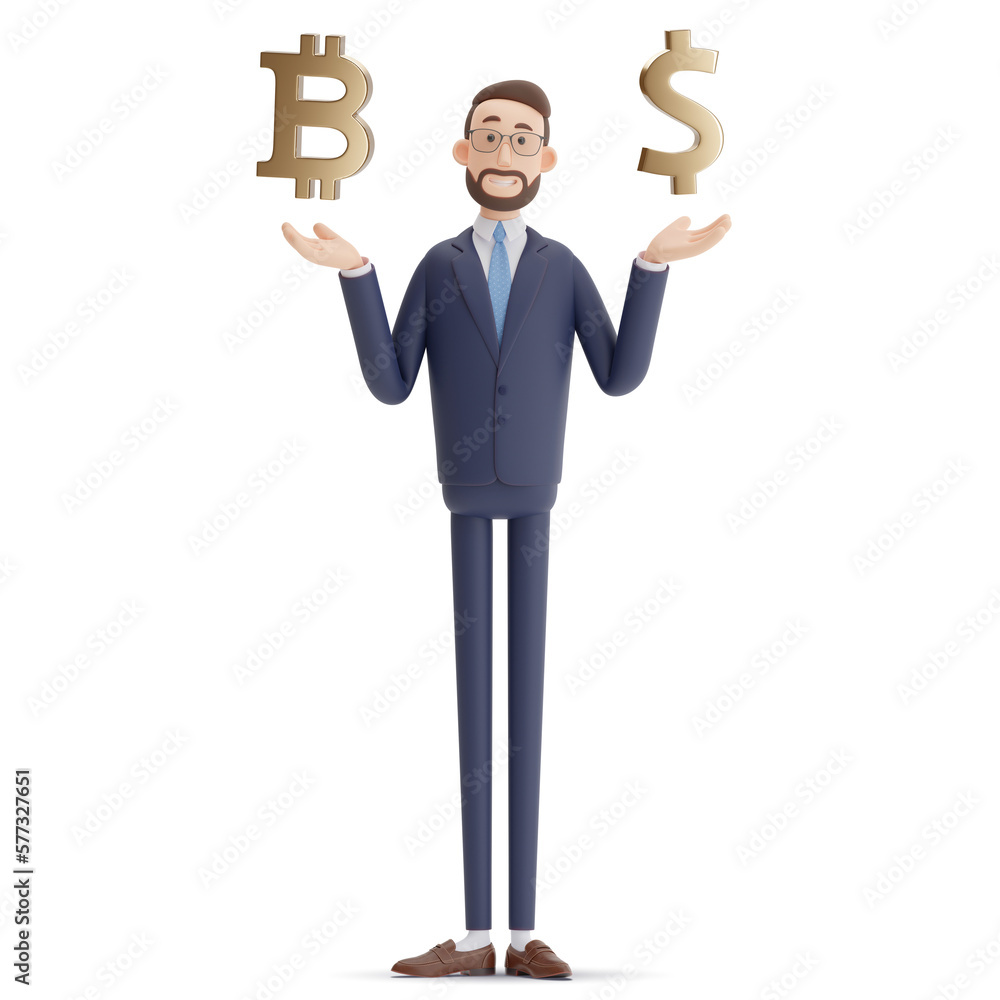 3d illustration cartoon character man Alex in blue suit hold gold bitcoin and dollar. Choice, select, decision and crypto currency stock exchange concept. 3d illustration cartoon character man Alex in blue suit hold gold bitcoin and dollar. Choice, select, decision and crypto currency stock exchange concept.