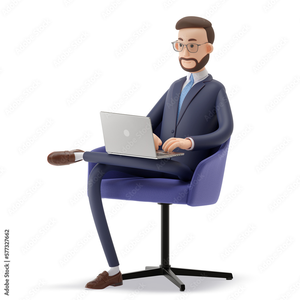 3D illustration man Alex with laptop sitting in blue armchair. businessman working in office and using social networks Cartoon smart character. 3d render, minimal style. 3D illustration man Alex with laptop sitting in blue armchair. businessman working in office and using social networks Cartoon smart character. 3d render, minimal style.