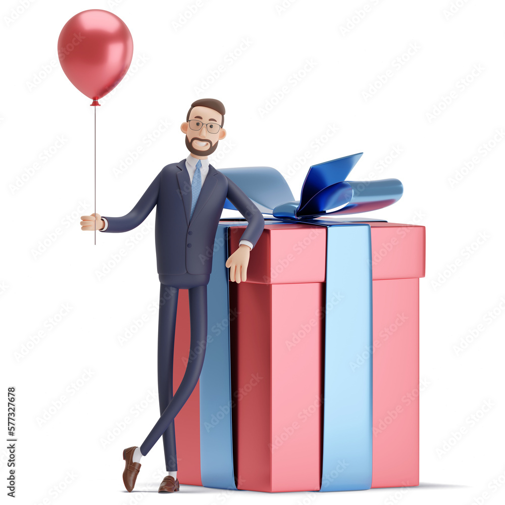 3d illustration. Cartoon man 3d character Alex with red balloon, standing next to a realistic nice big red box gift with blue bow. - obrazy, fototapety, plakaty 
