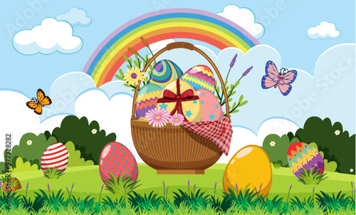 Happy Easter Banner with Colourful Eggs in a Basket