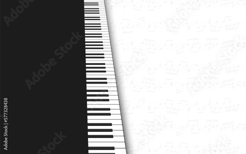 Piano keys. Music background. Realistic piano keyboard in white and black colors. Musical instrument keyboard. Vector illustration design element for template of music festival, banner, poster, flyer.