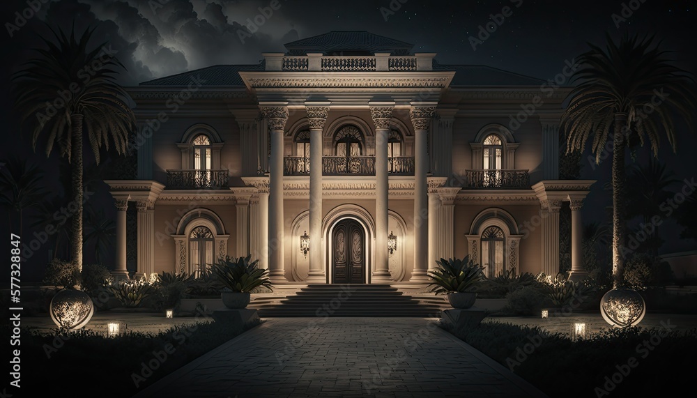 Front illustration of a luxuous palace at night. Generative AI.