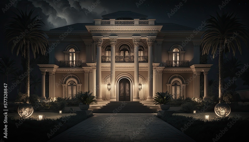 Fototapeta premium Front illustration of a luxuous palace at night. Generative AI.