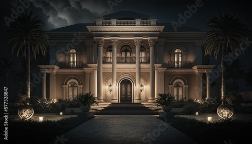 Front illustration of a luxuous palace at night. Generative AI. photo
