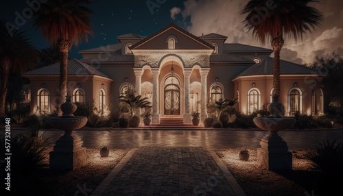 Front illustration of a luxuous palace at night. Generative AI. photo
