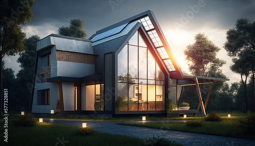 Luxuous modern architect house concept design with solar panels and garden. Generative AI illustration. photo