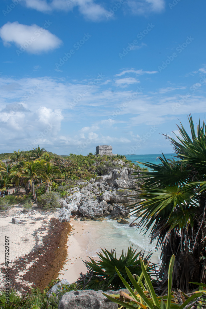 Coast at Tulum Mexico  with sea weed Mayan Building