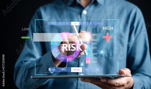 High Risk of Business decision making and risk analysis. Measuring level bar virtual, Risky business risk management control and strategy. photo