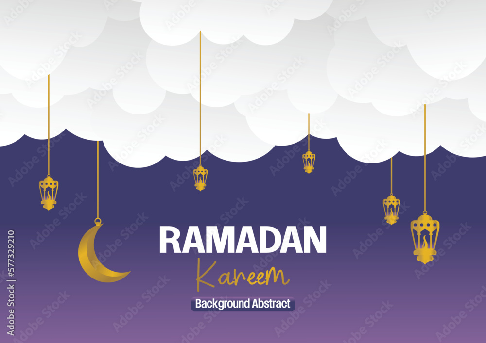 Naklejka premium Ramadan Kareem greeting banner or card design with paper cut ornament of islamic lanterns, moon in golden color. Vector illustration, Place for text