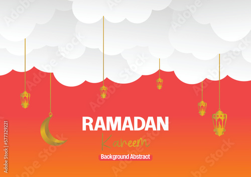 Ramadan Kareem greeting banner or card design with 3d paper cut ornament of islamic lantern, moon on golden and orange background. Vector illustration. Place for text
