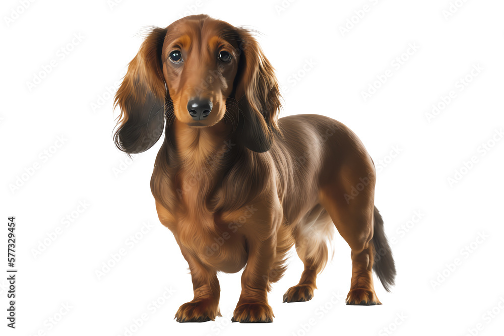 A brown Dachshund standing and facing the camera, with a plain background. Generative AI