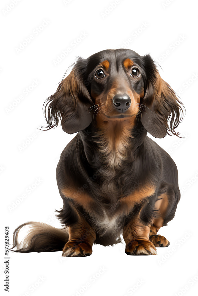 A black Dachshund sitting and looking straight ahead, with a plain background. Generated using AI