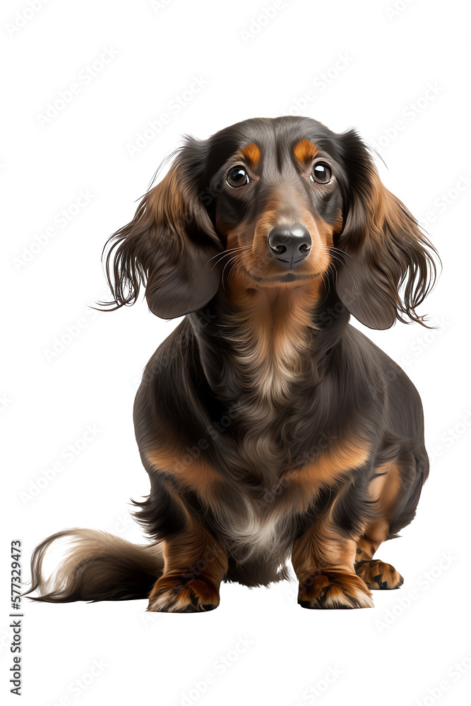 A black Dachshund sitting and looking straight ahead, with a plain background. Generated using AI A black Dachshund sitting and looking straight ahead, with a plain background. Generated using AI