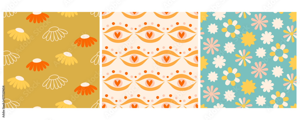 Fototapeta premium Groovy Summer Flowers Seamless Pattern Set