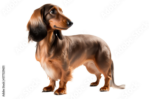 A brown Dachshund standing sideways and looking ahead, with a plain background. Created using generative AI.