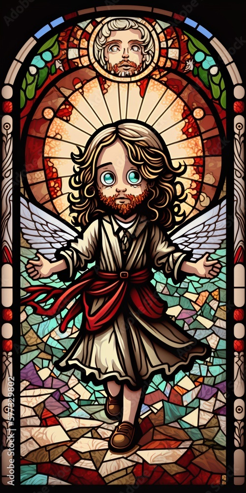 Chibi style Jesus on stained glass, Generative AI
