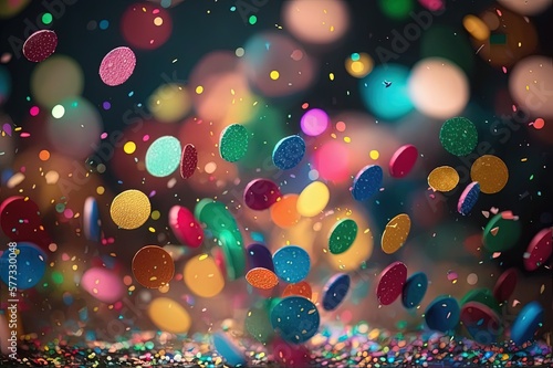 A colorful confetti celebration against a vibrant bokeh filled background, perfect for all celebrations. The image is full of playful nuances and adds a festive touch to any occasion. Generative AI