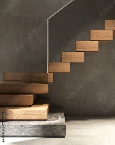 Modern, elegant L shape wood cantilever stair with black granite base staircase, tempered glass panel balustrades, stainless steel handrail on polished concrete wall loft house. Interior background 3D