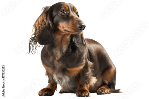 Isolated brown Dachshund sitting in front of the camera, looking adorable. Generative AI.
