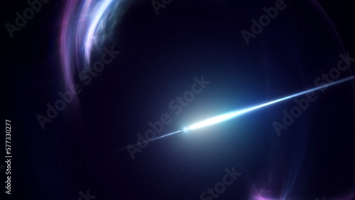 Wide shot of revolving pulsar in space nebula emitting high energy gamma ray bursts. Astrophysics 3D illustration concept of blinking radiation flares. Pulsating cosmic magnetar or neutron star core. © remotevfx