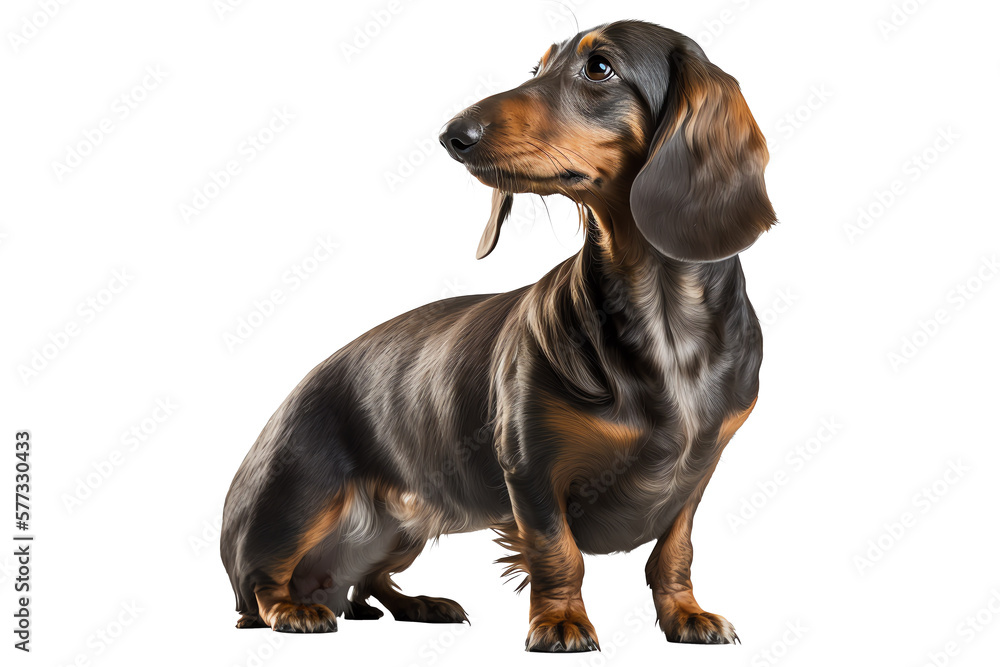 Isolated black Dachshund sitting and looking to the side. Side view. Generative AI.